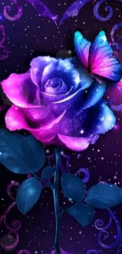 Mystical purple rose with butterfly on a galaxy background.