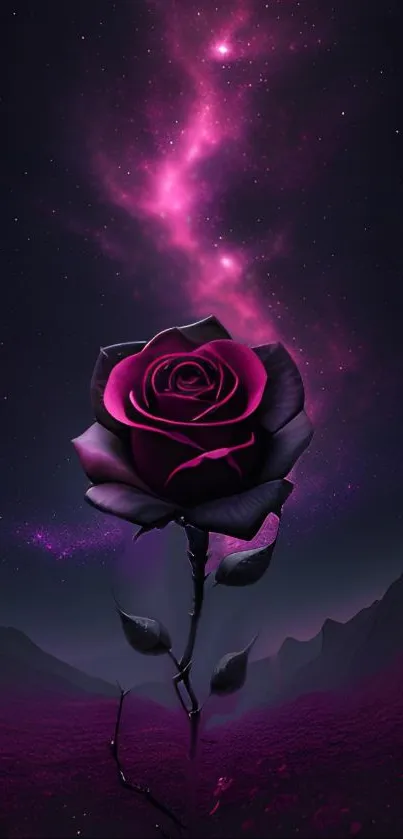 A vibrant purple rose under a starry galaxy night sky.