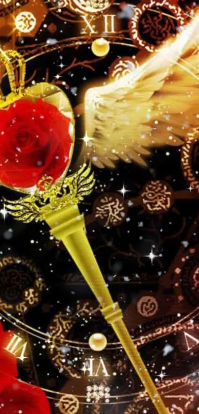 Gold with red rose and celestial symbols wallpaper for mobile.