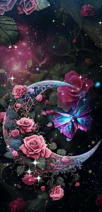 Mystical crescent moon with roses and vibrant butterfly on a dark background.