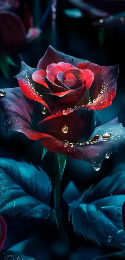Mystical rose with water droplets on petals.