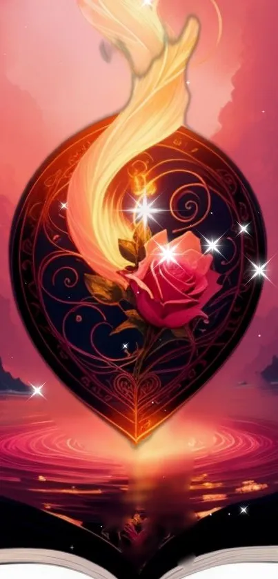 Fantasy heart with glowing rose and mystical background.