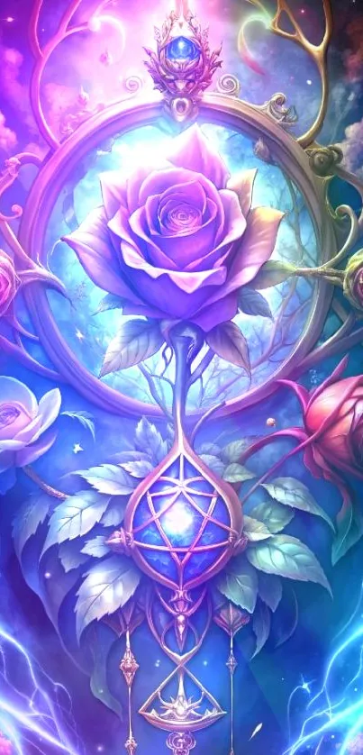Mystical wallpaper with vibrant roses and fantasy elements.