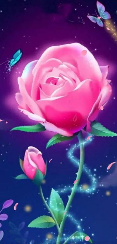 Pink rose and butterflies against a deep blue galaxy background.