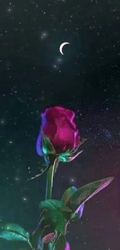 Mystical rose against a starry galaxy night sky with crescent moon.