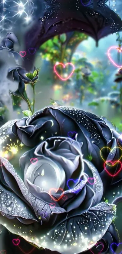 Black rose with colorful hearts on a fantasy-themed wallpaper.