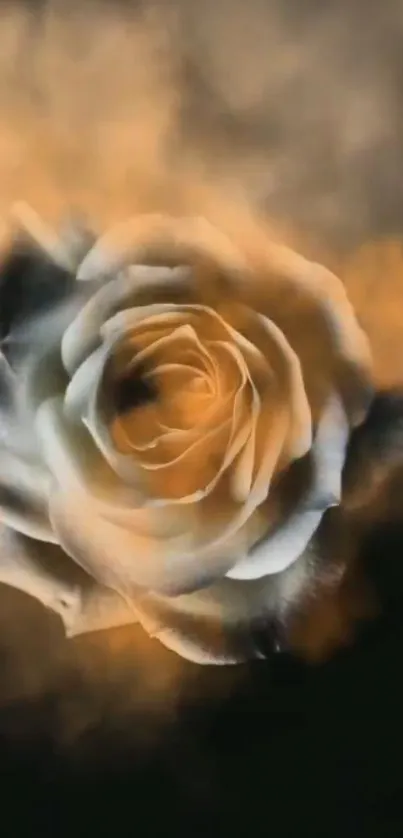 Mystical white rose with amber smoke on a dark background.