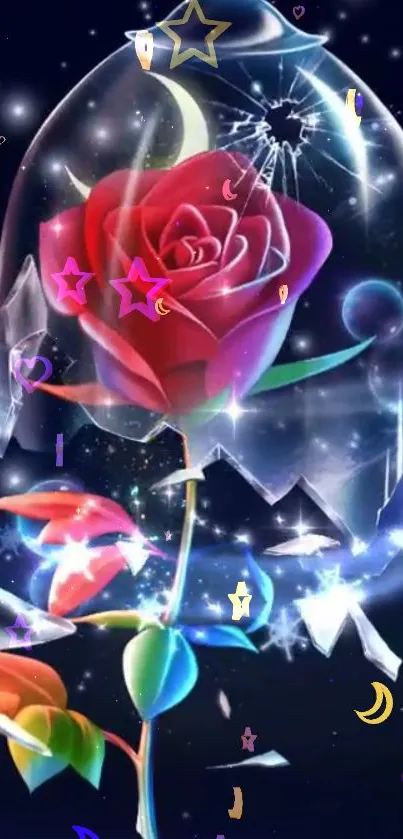 Vibrant rose in shattered glass dome with stars and cosmic elements.