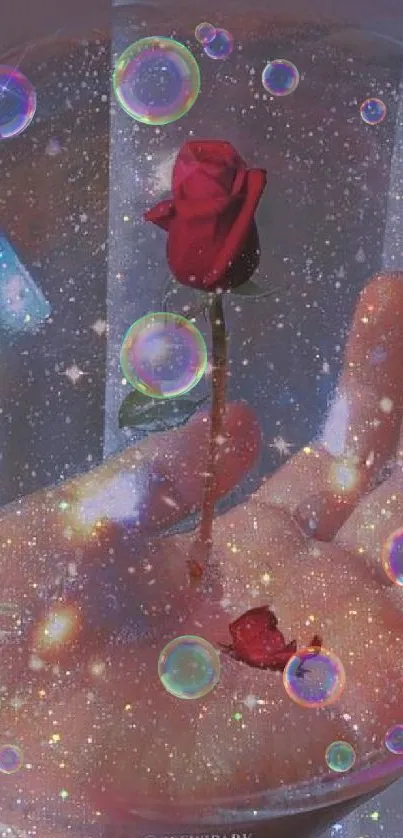 A mystical image of a rose within a bubble held in a hand with a cosmic background.