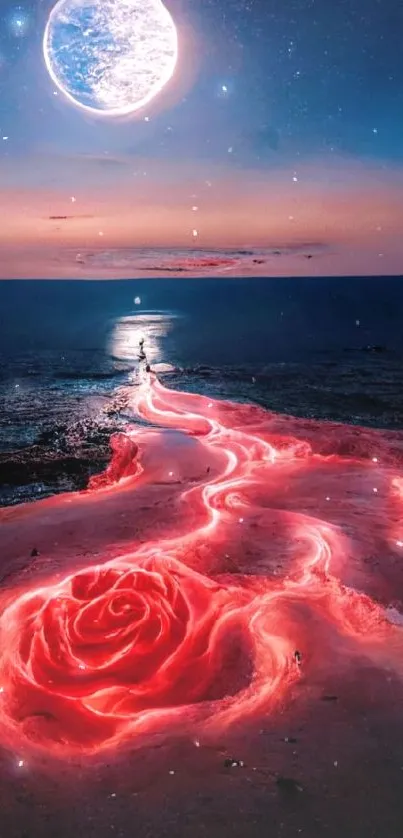 Mystical rose pathway under a moonlit sky.