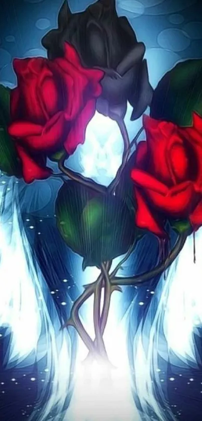 Digital art wallpaper with red and black roses on a mystical blue background.