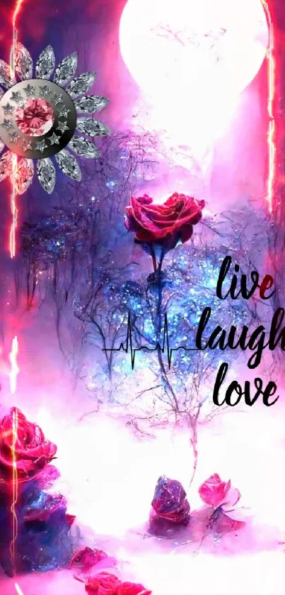 Mystical rose wallpaper with pink and glowing elements featuring live laugh love quote.