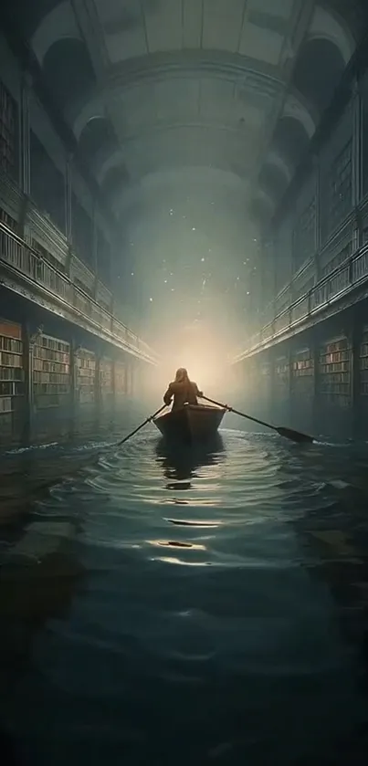 Serene journey through a mystical library on a rowboat, illuminated path ahead.