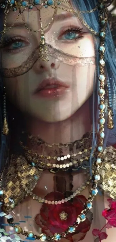 Mystical royal portrait with jewelry, blue hair.