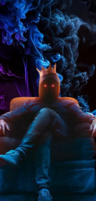 Crowned figure on a chair with dark smoke in the background.