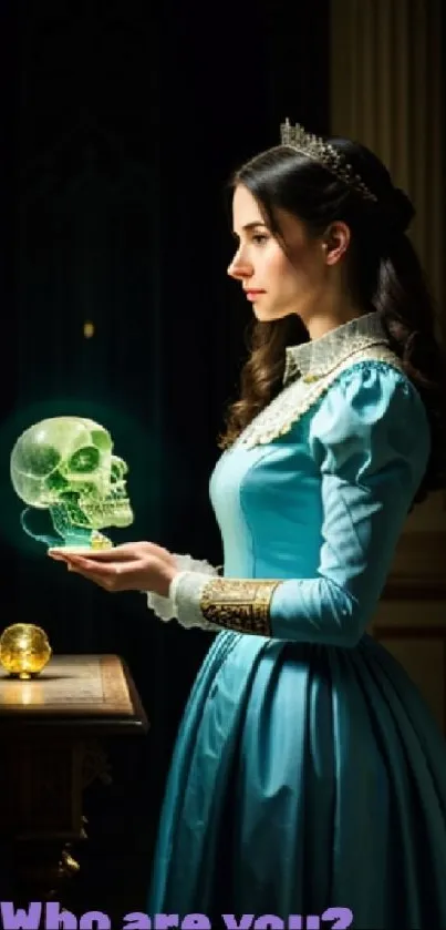 Princess in blue dress with glowing skull in a mystical setting.