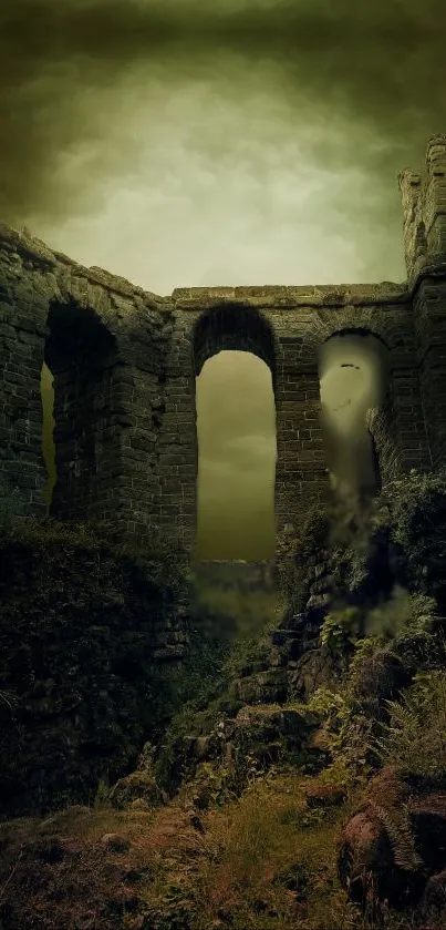 Eerie and mystical ruins in a dark landscape with cloudy sky, perfect for wallpaper.