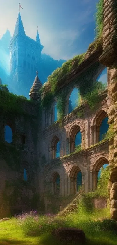 Mystical ruins with sunlight and lush greenery creating a magical atmosphere.