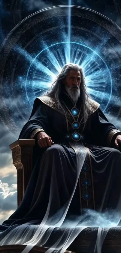 Mystical wizard seated on a celestial throne, surrounded by cosmic elements.