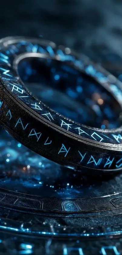 Mystical glowing rune ring on a dark background.