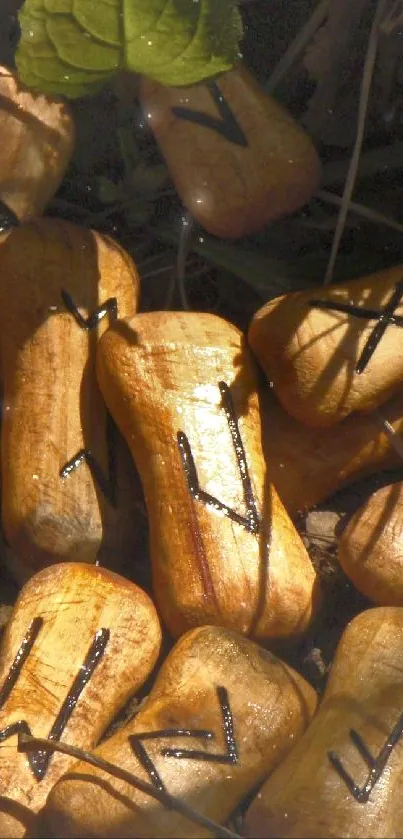 Mystical rune stones scattered among leaves on a forest floor.