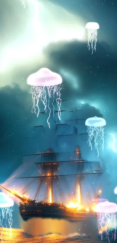 Sailboat surrounded by glowing jellyfish in a mystical night scene.