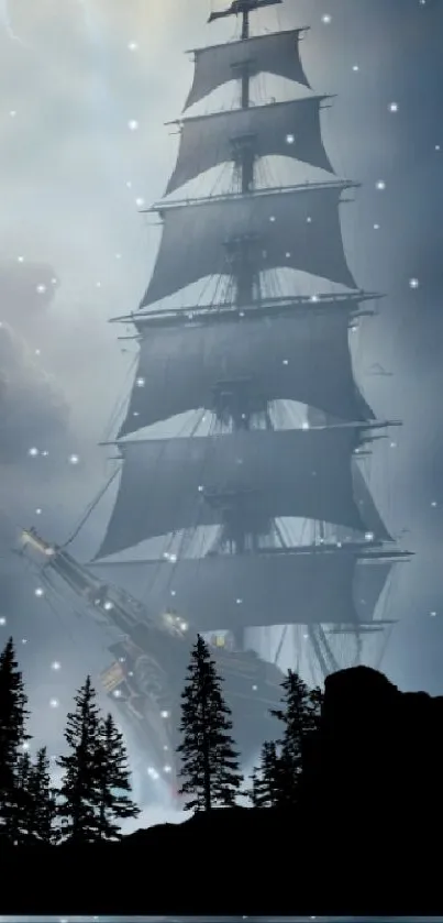 Mystical sailboat artwork on dark ocean with stars and silhouetted trees.