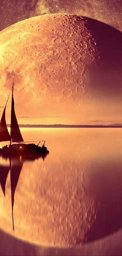 Mystical sailboat reflecting on moonlit waters under a purple sky.