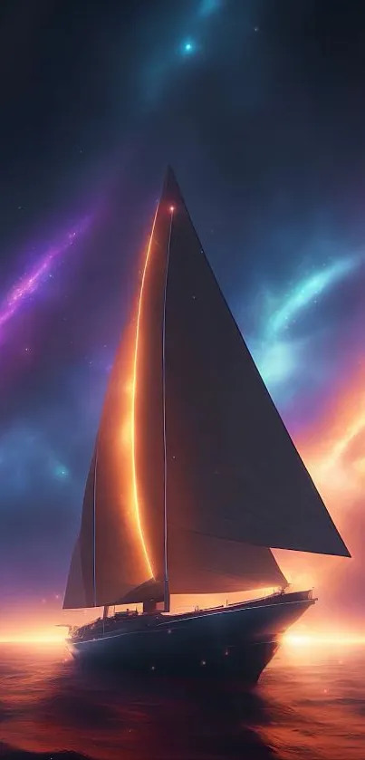 Glowing sailboat sailing under a vibrant galaxy night sky.