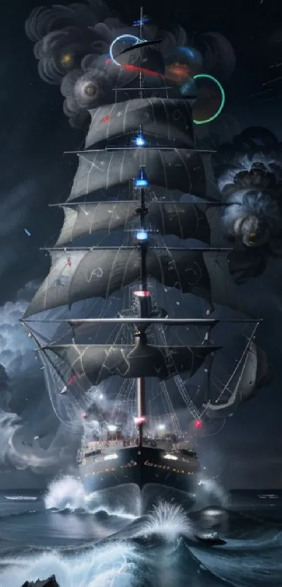 Mystical sailing ship on stormy night ocean with dramatic clouds.