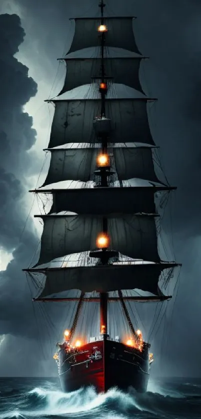 Tall ship sailing through stormy sea at night.