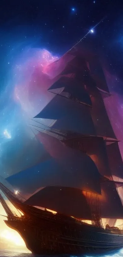 Vibrant cosmic sky with a mystical sailing ship.