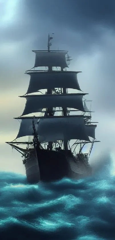 A sailing ship on stormy teal seas under dramatic skies.