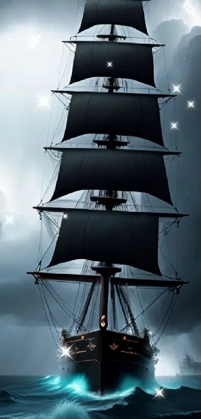 A mystical sailing ship navigates through a dark, starry ocean under a night sky.