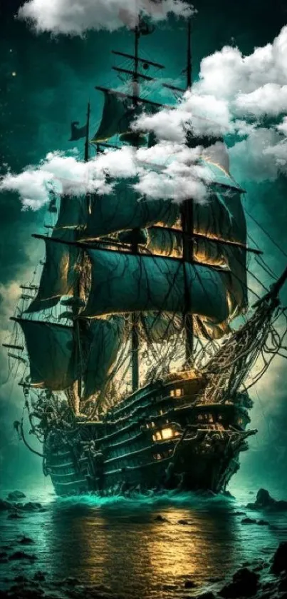 Mystical ship sailing through cloudy night.