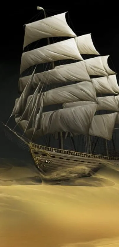 A sailing ship glides over golden sands under a dark sky.