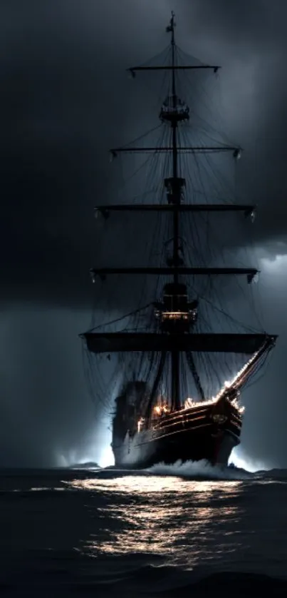 A majestic sailing ship illuminated against a stormy, dark ocean backdrop.