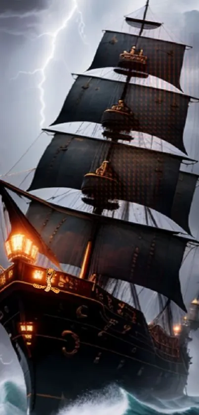 Epic sailing ship in stormy seas with dark clouds and lightning.