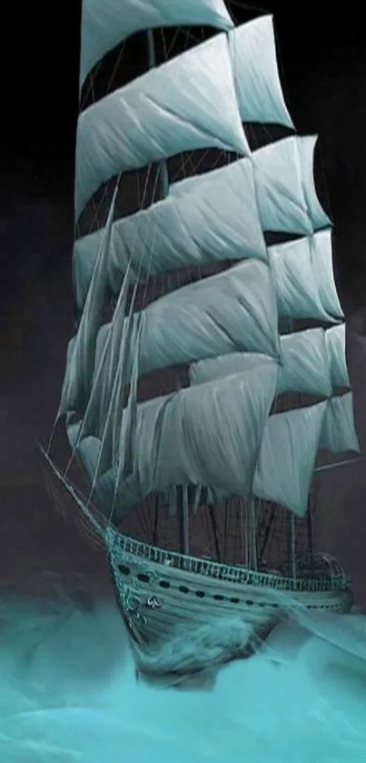 Mystical sailing ship in teal mist on tranquil ocean.