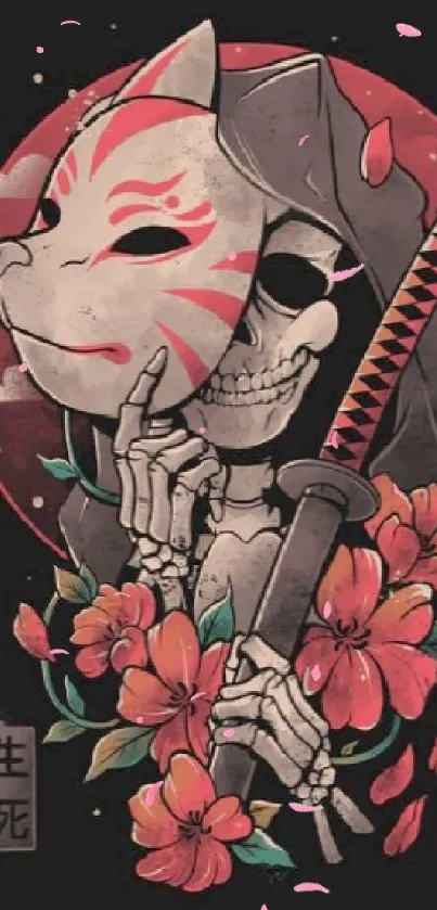 Mystical samurai with floral details on a dark mobile wallpaper.