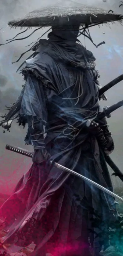 Mystical samurai in shadowy robes holding swords.