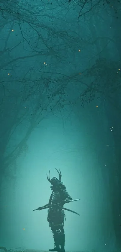 Mystical samurai in a teal forest with glowing fireflies.