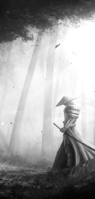 Samurai in a foggy forest creates a mystical mobile wallpaper.