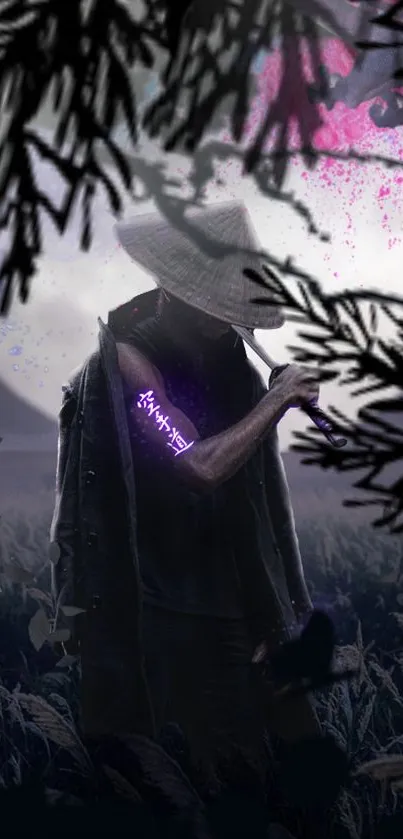 Samurai with a glowing purple emblem in a dark mystical forest.