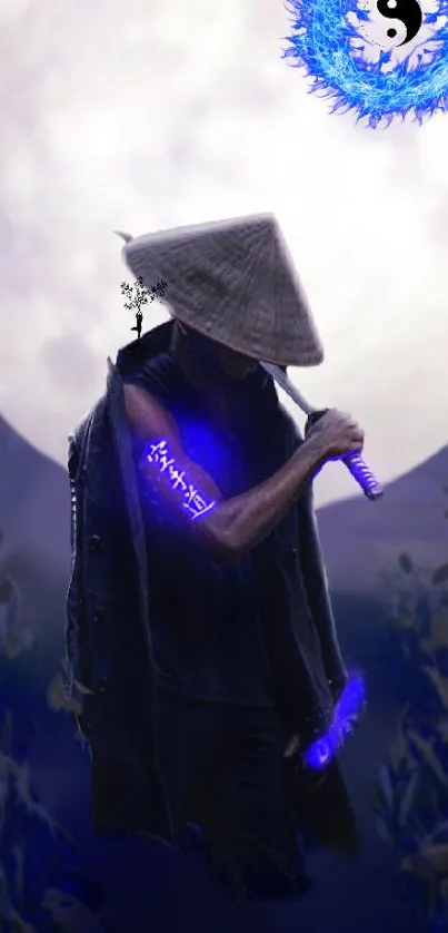 Samurai under a full moon with glowing blue accents in a mystical scene.