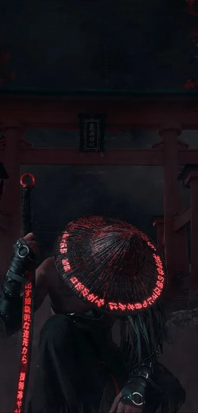 Samurai sitting in a dark, mystical landscape with red highlights.
