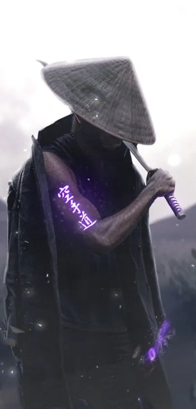 Mystical samurai with glowing arm in moonlit scene.