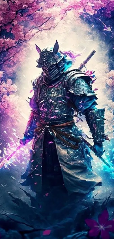 Mystical samurai with glowing swords under sakura blossoms on a vibrant wallpaper.