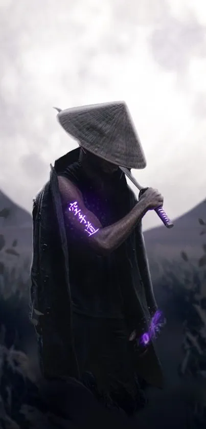 Samurai warrior with purple glow under a full moon night scene.