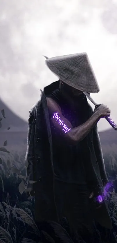 Mysterious samurai with purple neon under full moonlight.